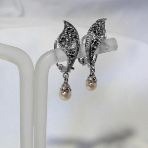 835 Zilveren silver clip oorbellen earrings markasieten en parel marcasites and pearl vintage modern 4.JPG