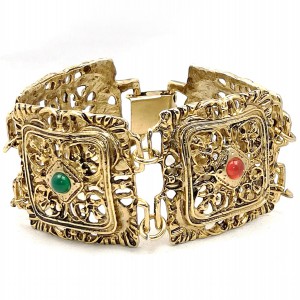 Brede wide vintage gold tone plated goudkleurige schakel armband link bracelet modernist costume designer red green glass 2.jpg