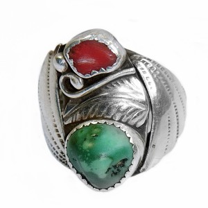 Navajo Indian Indianen Native American sterling zilveren ring large male female vintage turkois coral koraal turqoise 7.JPG