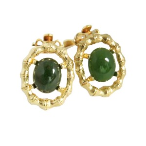 Vintage JBK (Jacqueline Bouvier Kennedy) Faux Jade Glass Cabochons and Crystal Goldtone Asian Bamboo Designer clip eaarings oorbellen glas goudkleurig 2.jpg