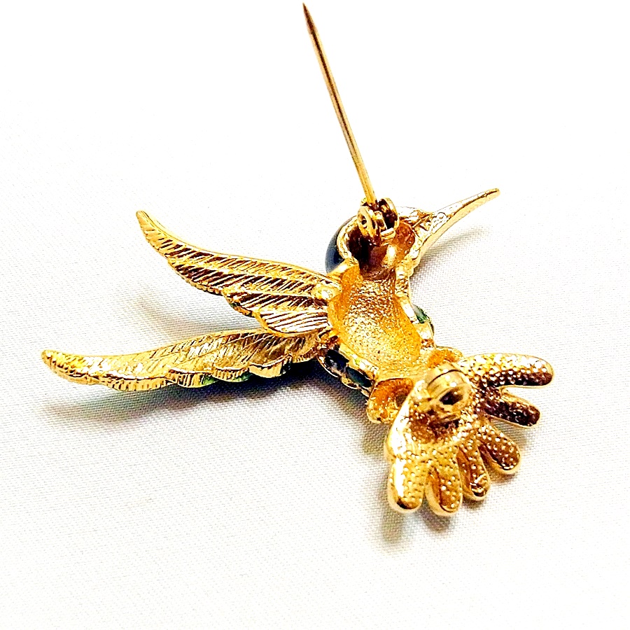 Broche Vintage Colibri En Métal Doré Émaillé Et Brillant - Occasion Bon État