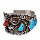 Grote vintage Navajo Indianen (Amerika) 925 zilveren spang armband met turquoise en koraal.