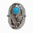 Vintage Navajo Indianen (Amerika), Calvin Desson, grote sterling zilveren ring met turquoise en adelaar.